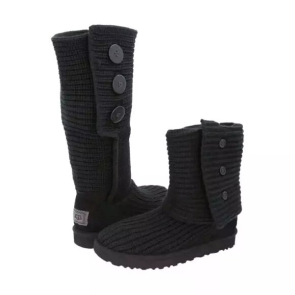 Kids Ugg Classic Cardy Knit Button Up Boots Tall Black Size 3 - Picture 2 of 6